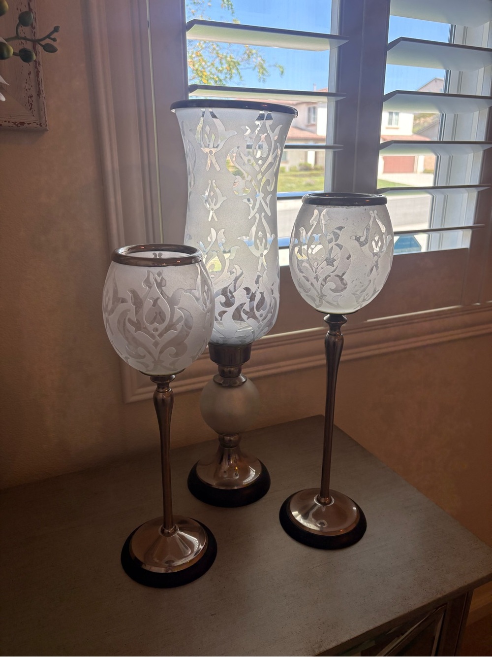 Frosted Etched Glass Candle Holder Trio with Silver-Tone Bases - White Frost